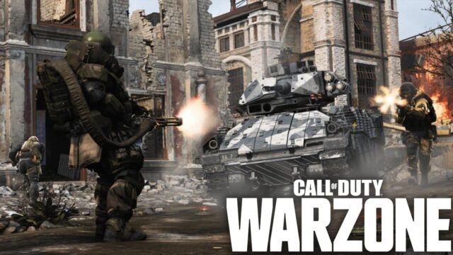 Рекламно изображение на Call of Duty: Warzone с войници и бронирана машина сред разрушени сгради и логото на играта