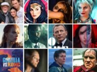 Колаж от кадри и плакати на очаквани филми за 2020 г., сред които Wonder Woman 1984, Mulan, No Time to Die, Tenet и Godzilla vs. Kong