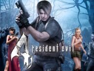 Корицата на Resident Evil 4 с Леон Кенеди с пистолет, Ейда Уонг и Ашли Греъм пред мрачна гора