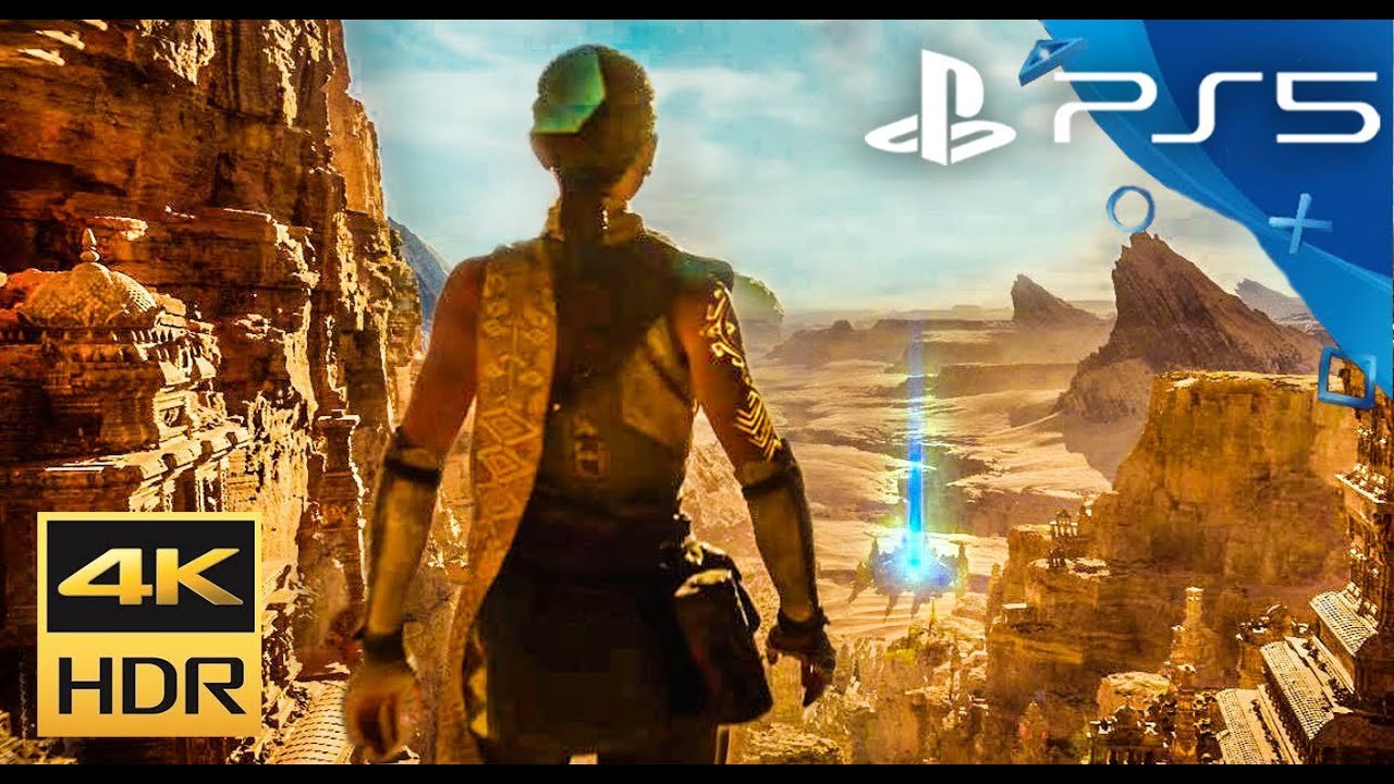 Кадър от игра с героиня сред пустинни скали, логото на PS5 и надпис 4K HDR