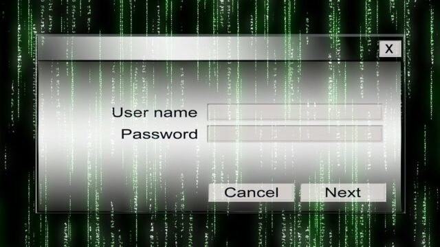 Прозорец за вход с полета User name и Password на фон от зелени символи като в Матрицата