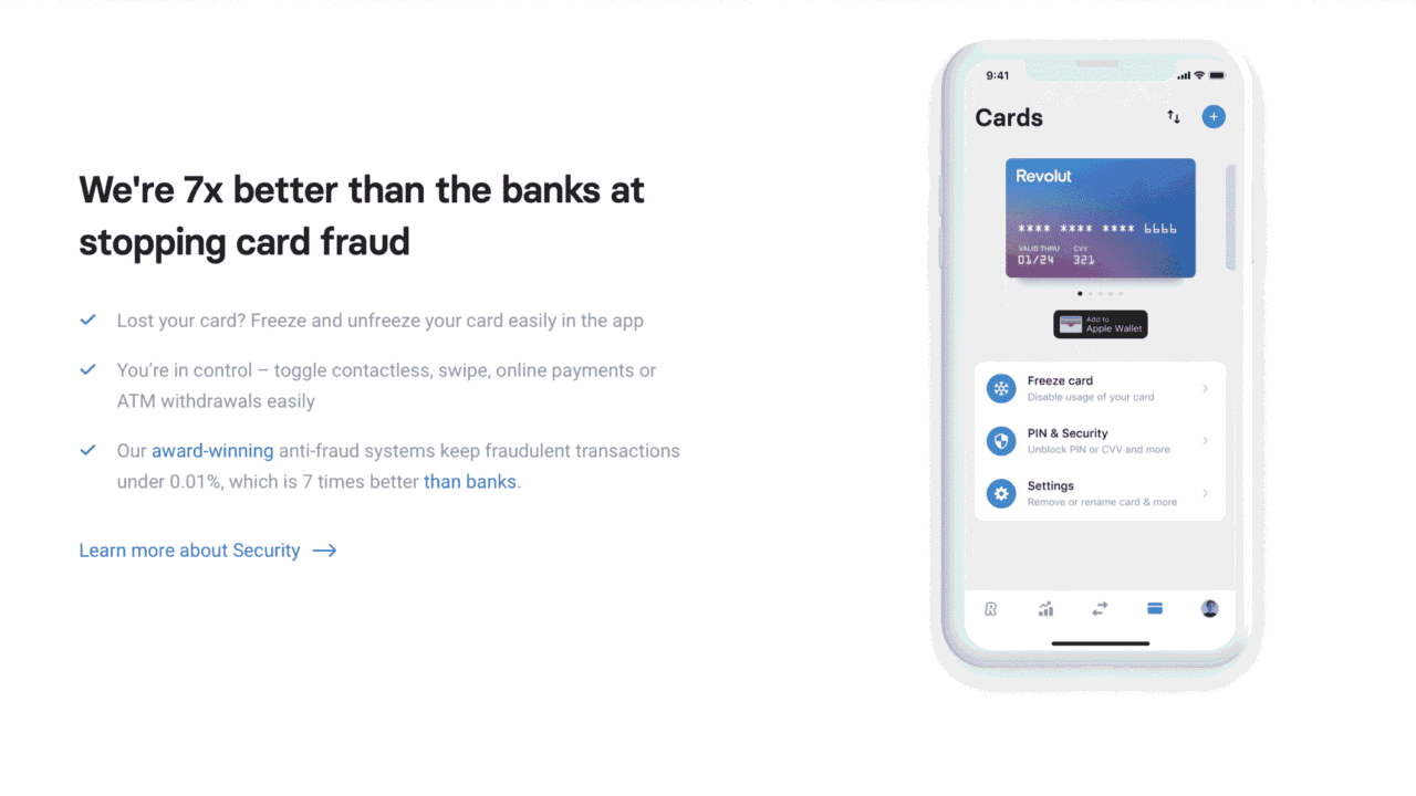 Екран от приложението Revolut с карта и опции за замразяване, PIN и сигурност до текст за защитата от измами