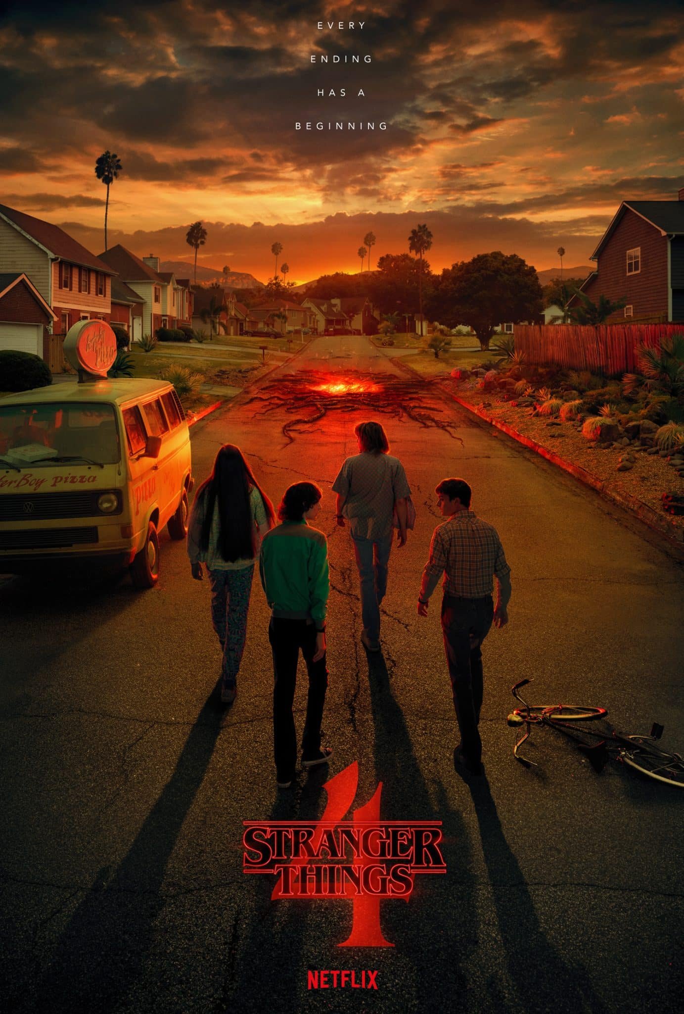 Плакат на Stranger Things 4: четирима герои вървят по улица при залез към светеща пукнатина в асфалта, до тях бус за пица и паднало колело
