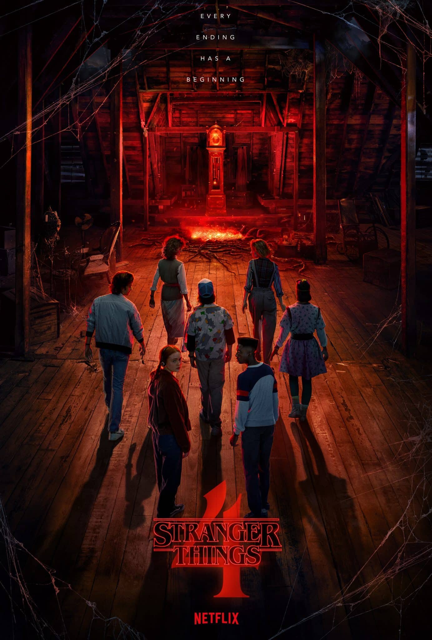 Плакат на Stranger Things 4: героите вървят към светещ червен часовник на стар таван, отгоре надпис „Every ending has a beginning“