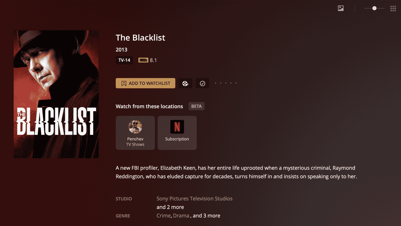 Екран от Plex Discover със страницата на сериала The Blacklist и секция „Watch from these locations“, показваща къде е налично съдържанието