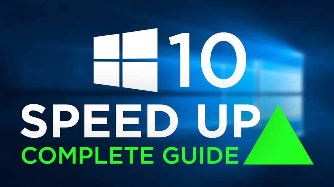 Логото на Windows 10 с надпис Speed Up Complete Guide и зелена стрелка нагоре на син фон