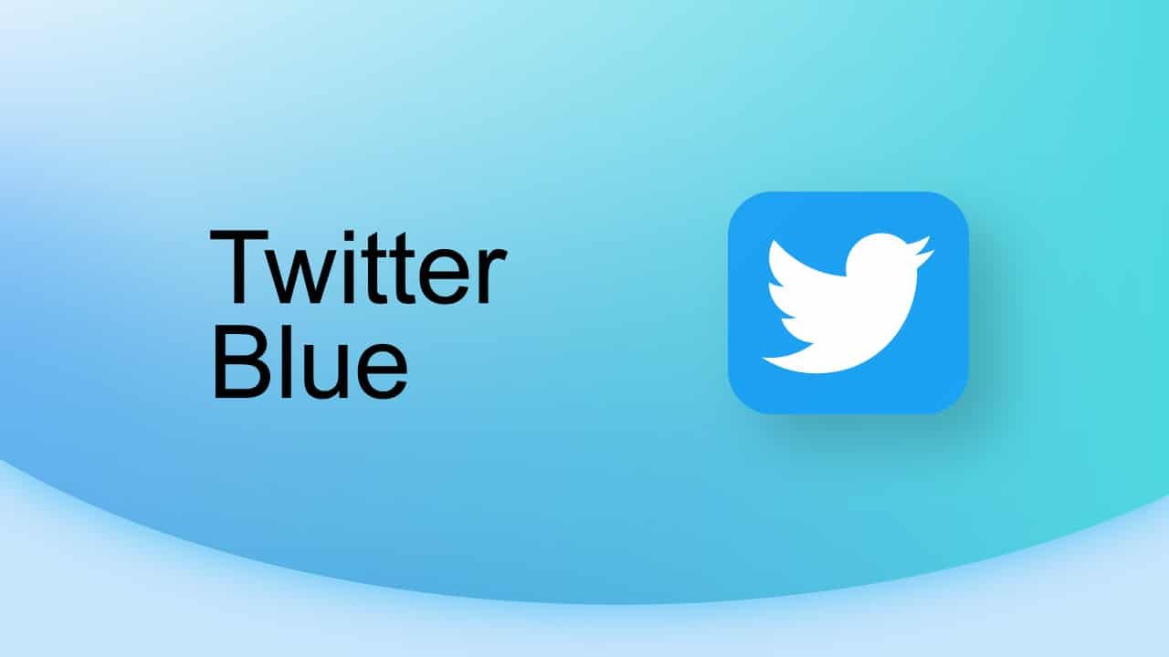 Надпис Twitter Blue и логото на Twitter със синя птица на светлосин фон
