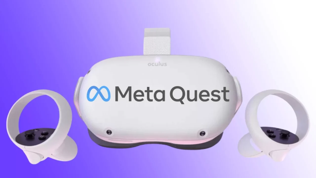 Бели VR слушалки Meta Quest с два контролера на лилав фон