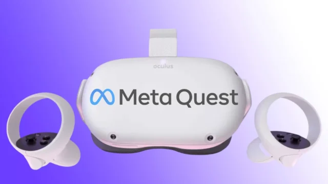 Бели VR слушалки Meta Quest с два контролера на лилав фон
