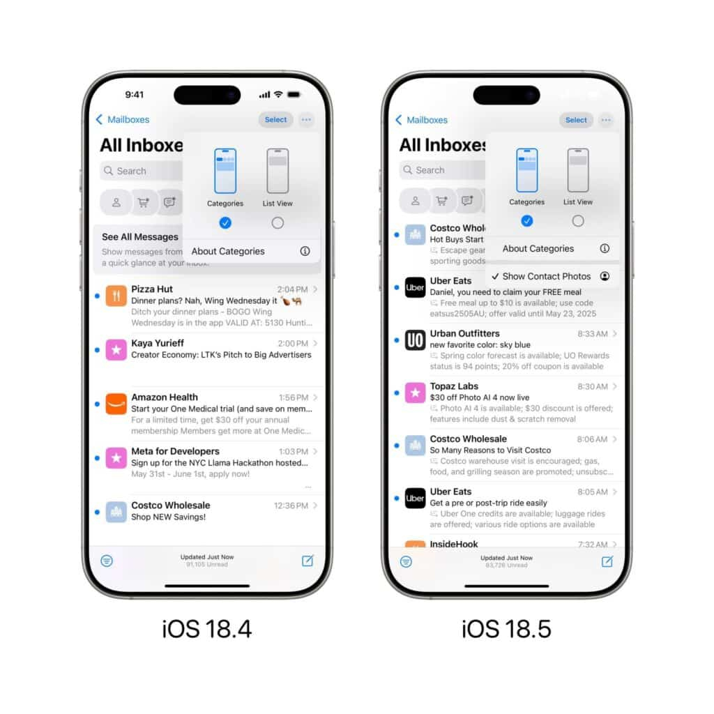 Mail подобрения в iOS 18.5