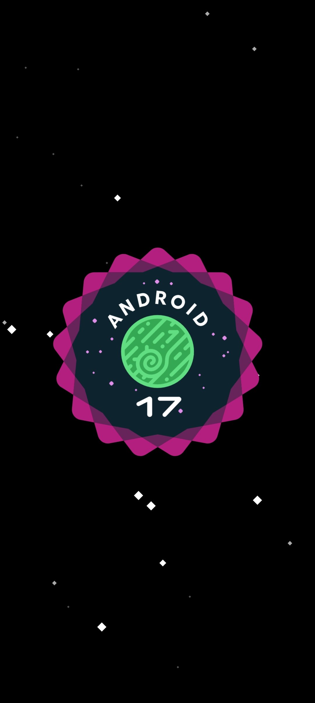 Екранът с емблемата на Android 17, който се отваря от настройките на телефона