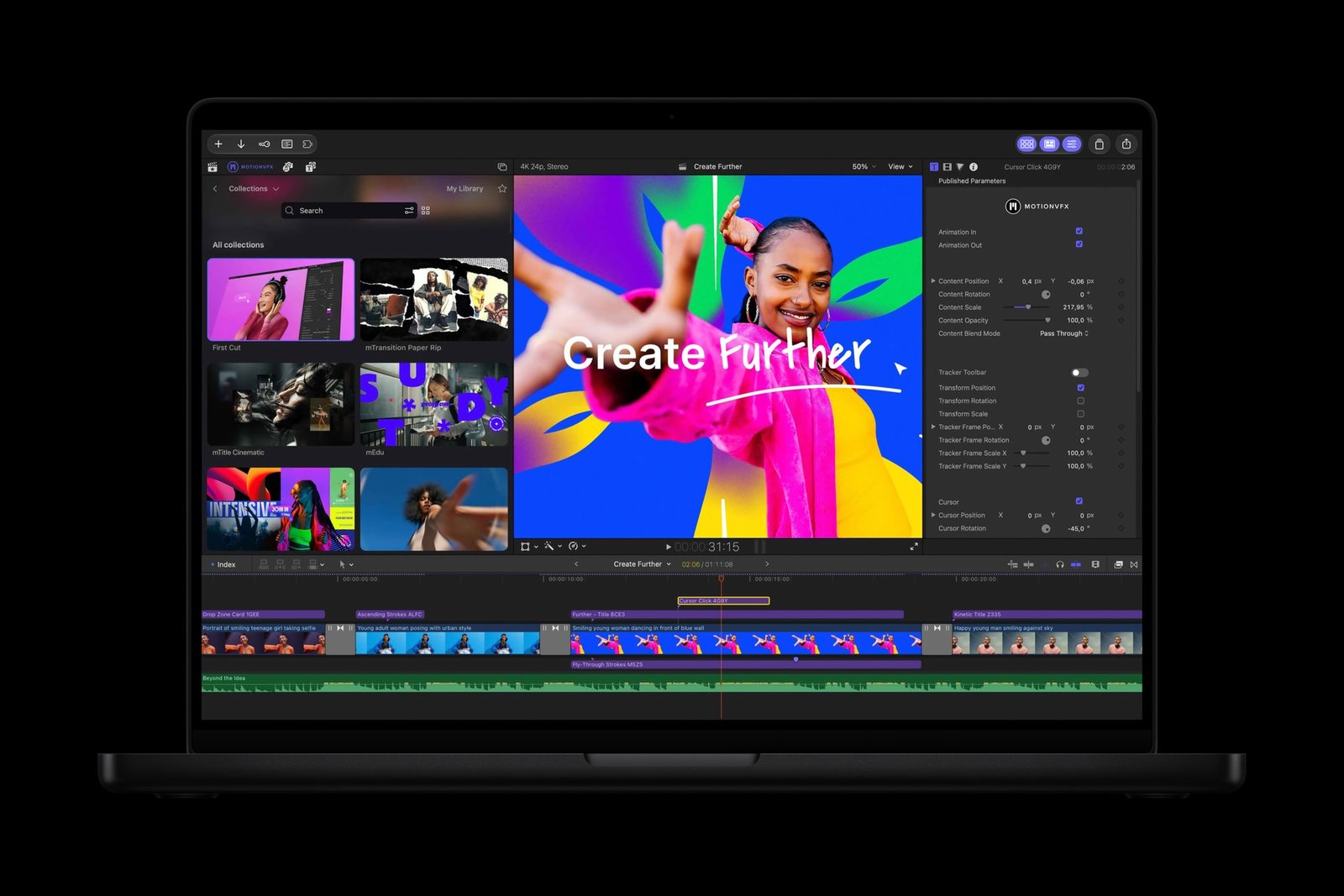 Final Cut Pro на MacBook Pro с вградената библиотека с ефекти на MotionVFX в Apple Creator Studio
