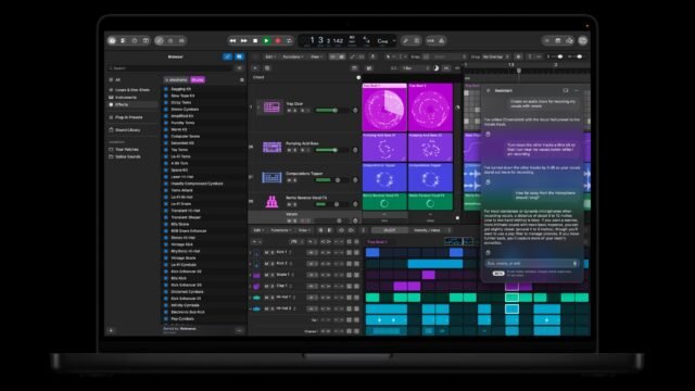 Logic Pro на MacBook Pro с отворения панел на новия AI асистент от Apple Creator Studio