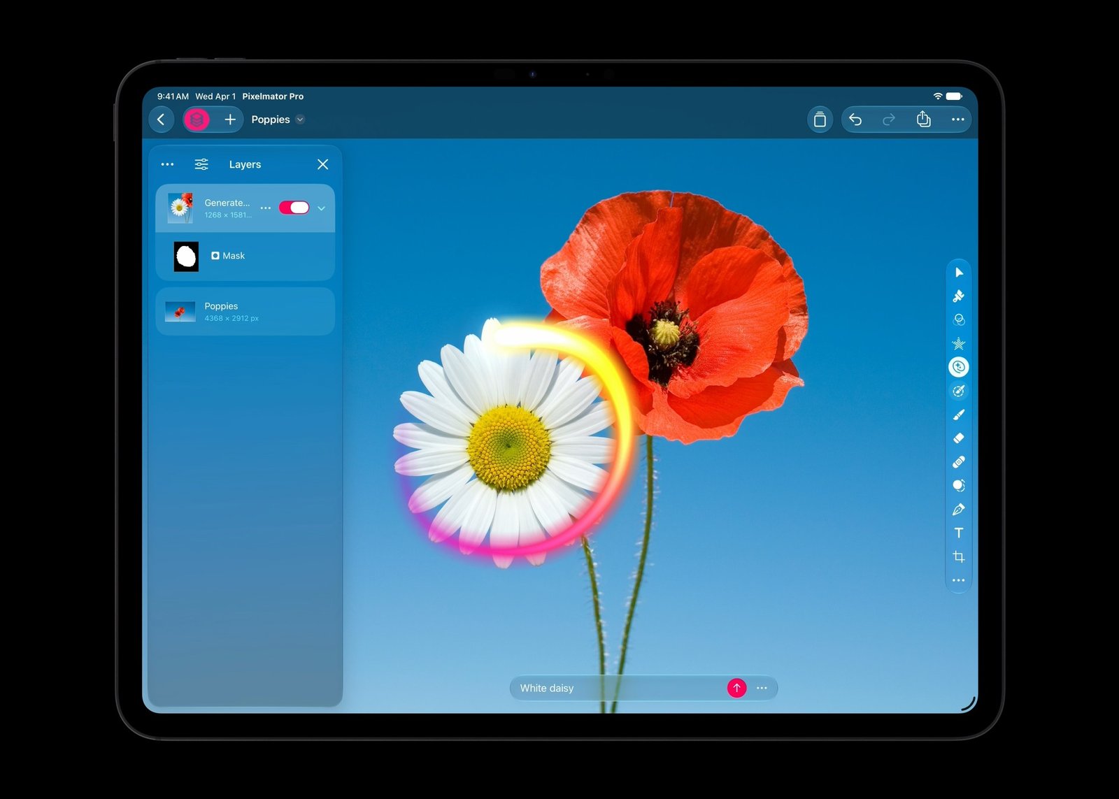 Функцията Generate Fill в Pixelmator Pro на iPad редактира избрана част от снимка по текстово описание