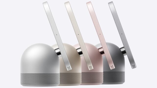 Apple HomeView в сребристо, „starlight“, розово и тъмносиво – екран на шарнир върху основа с високоговорител