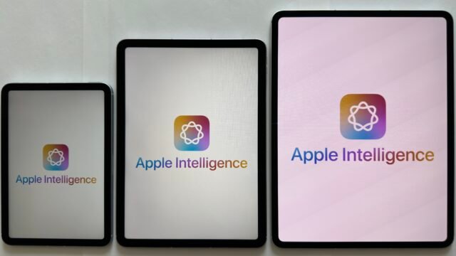 Логото на Apple Intelligence на три iPad с различни размери – Apple Intelligence в Китай