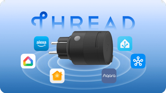 Черният външен умен контакт Aqara Outdoor Plug H2 EU с щепсел Schuko, около него логата на Thread, Apple Home, Google Home, Alexa, Home Assistant и SmartThings