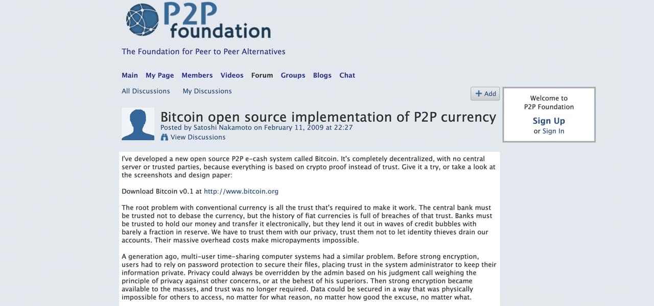 Екранна снимка на първата публикация на Сатоши Накамото за Bitcoin във форума на P2P Foundation