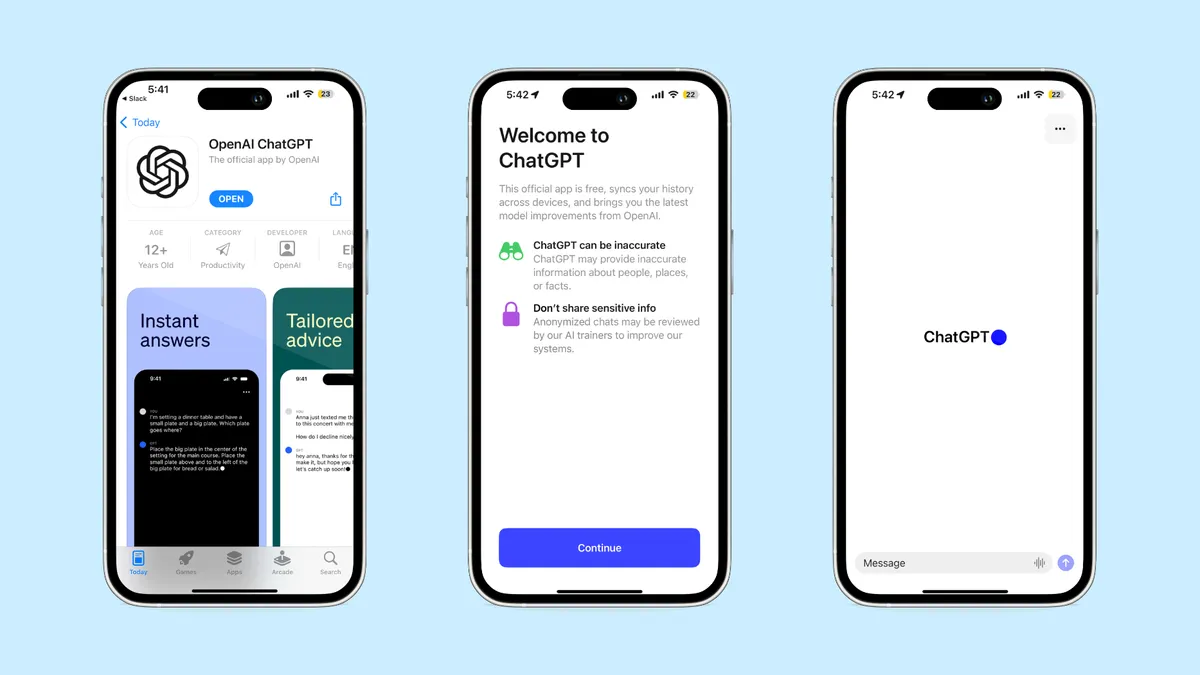 Екрани на приложението ChatGPT за iPhone: App Store, приветствен екран и чат