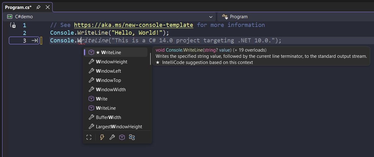 Предложение за довършване на код във Visual Studio от IntelliCode и Copilot