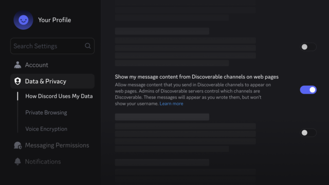 Настройката в Discord „Data & Privacy“, която решава дали съобщенията ви стигат до Google търсене