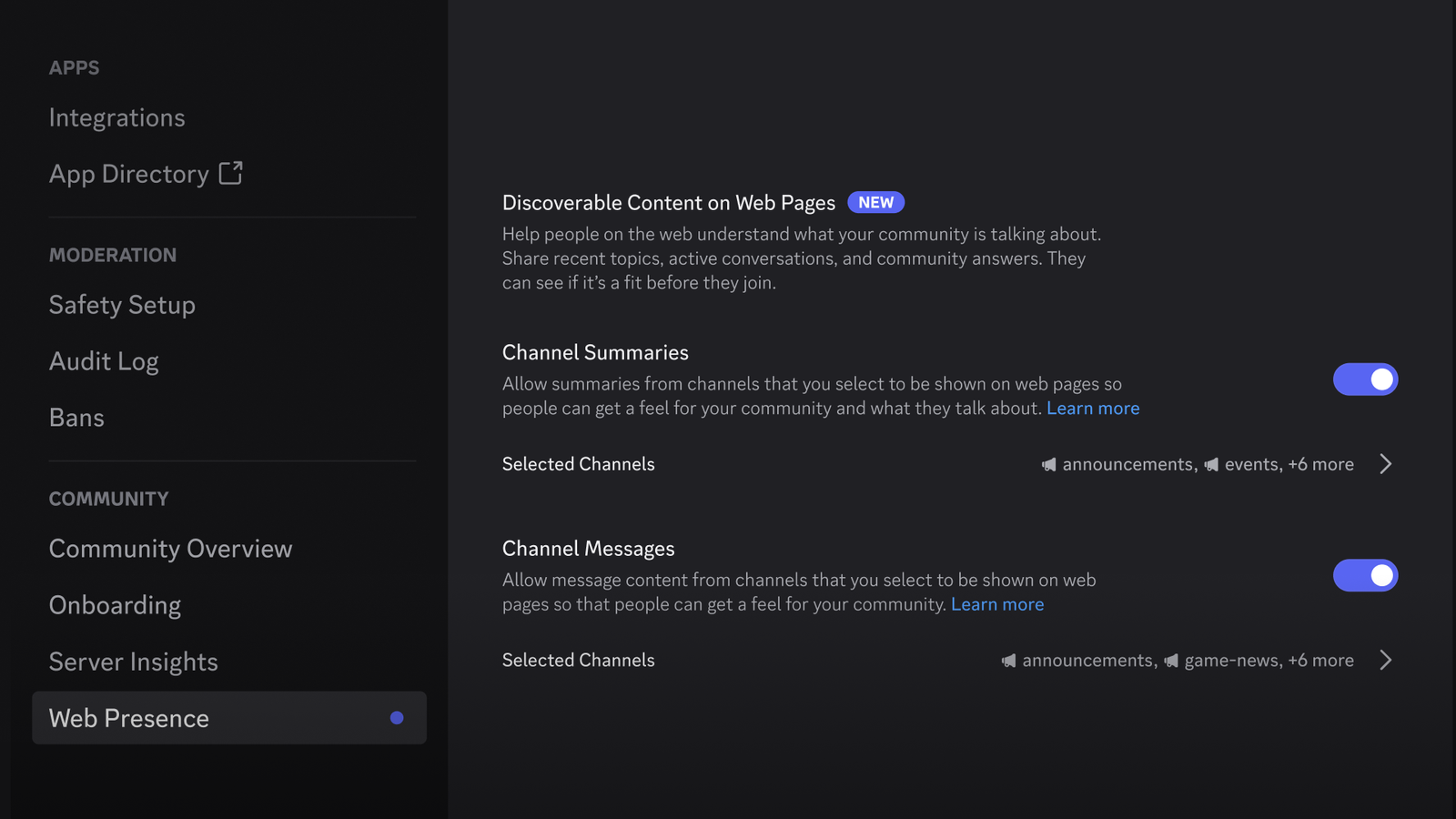 Настройките Web Presence в Discord, с които администраторите избират кои канали стигат до Google търсене