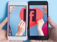 Два смартфона с логото на Facebook и сърце между тях