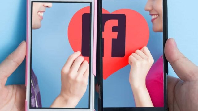 Два смартфона с логото на Facebook и сърце между тях