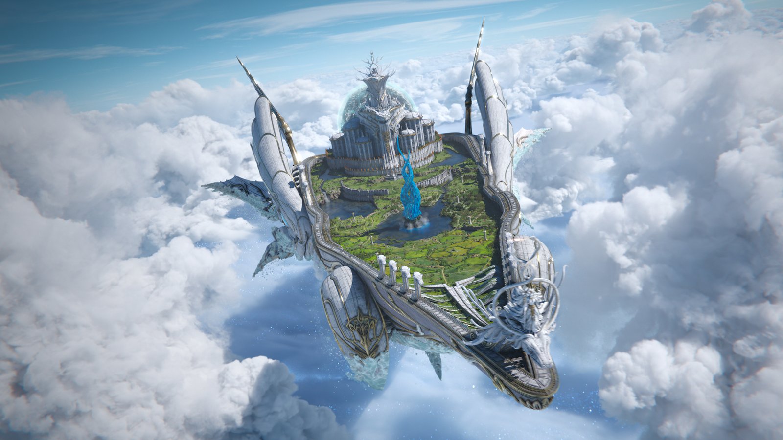 Летящ кораб с град и зелени поля над облаците – кадър от Final Fantasy XIV: Evercold