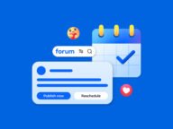 Илюстрация на Meta за приложението Forum на Facebook с календар и бутони за планиране на публикации