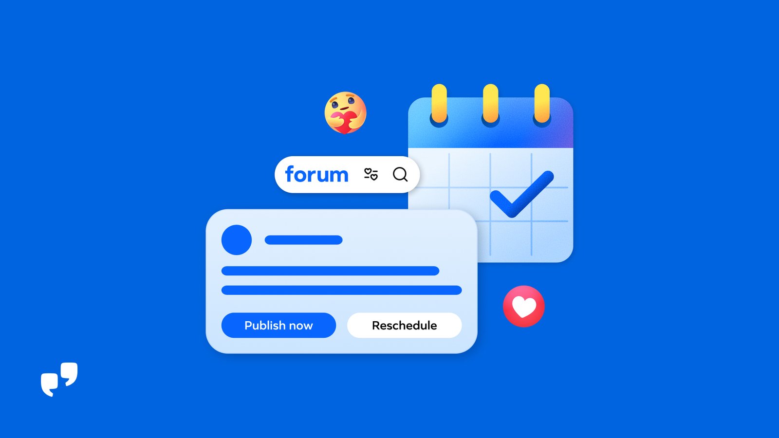 Илюстрация на Meta за приложението Forum на Facebook с календар и бутони за планиране на публикации