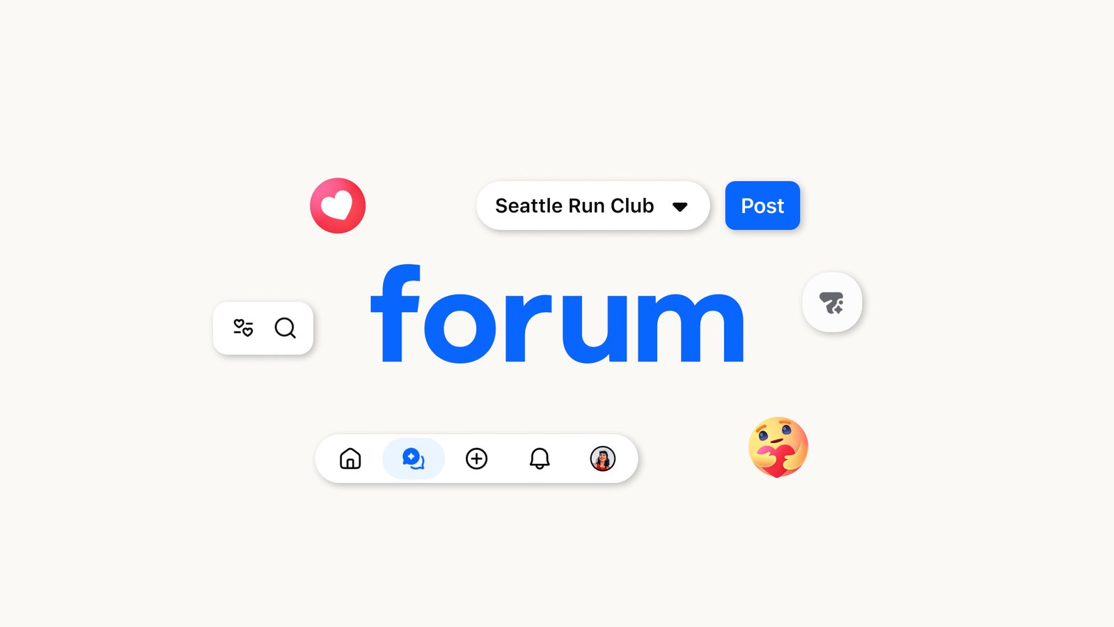 Логото на приложението Forum на Facebook, заобиколено от елементи на интерфейса за групи