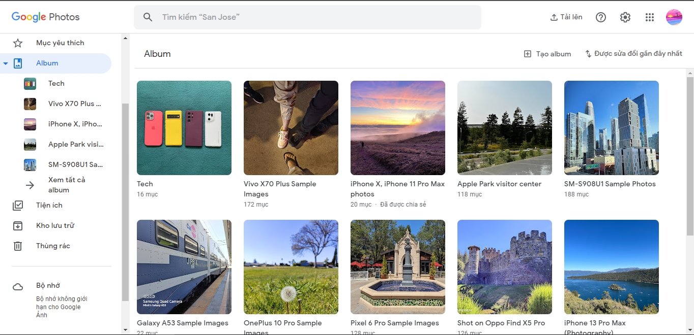 Разделът с албуми в уеб версията на Google Photos