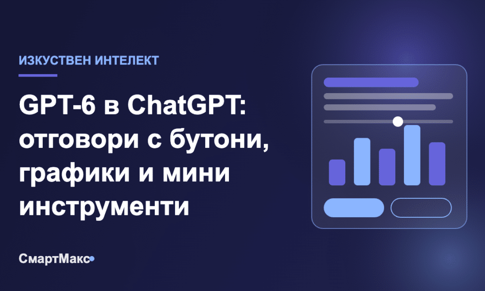 Илюстрация с надпис „GPT-6 в ChatGPT: отговори с бутони, графики и мини инструменти“ и абстрактен интерфейс с графика и бутони