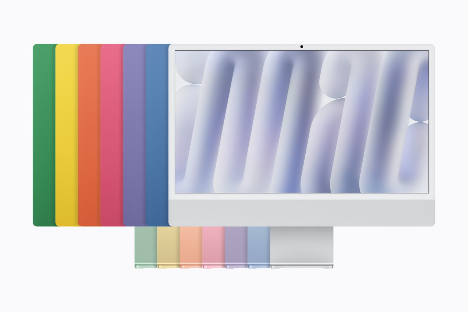Новият iMac с чип M6 в седемте цвята – зелен, жълт, оранжев, розов, лилав, син и сребрист
