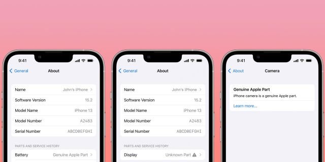 Менюто за части и сервизна история в настройките на iPhone с iOS 15.2