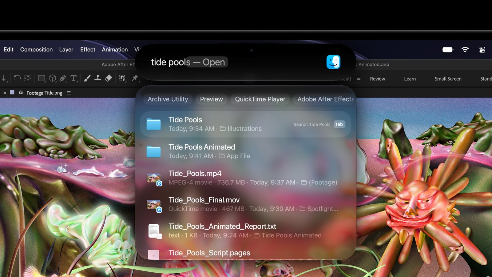 Търсене в Spotlight, отворено от Dynamic Island на новия MacBook Pro
