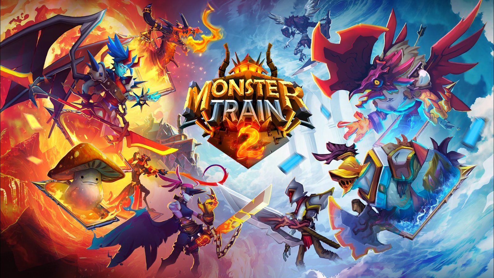 Официален арт на Monster Train 2 с ангели и демони около логото на играта
