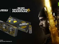 Видеокартата MSI GeForce RTX 5080 COD MW4 Edition в черно и жълто до логото на Call of Duty: Modern Warfare 4 и героя Ghost