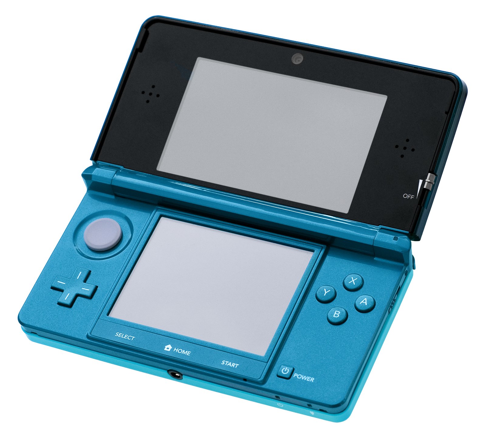 Отворен син Nintendo 3DS с горен и долен екран, кръгъл аналогов стик и бутони