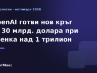 Илюстрация с надпис за новия кръг на финансиране на OpenAI от 30 млрд. долара и оценка над 1 трилион