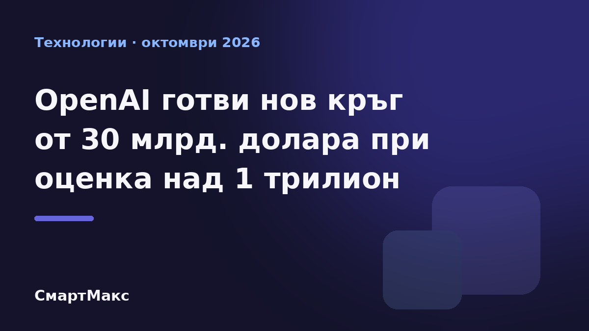 Илюстрация с надпис за новия кръг на финансиране на OpenAI от 30 млрд. долара и оценка над 1 трилион