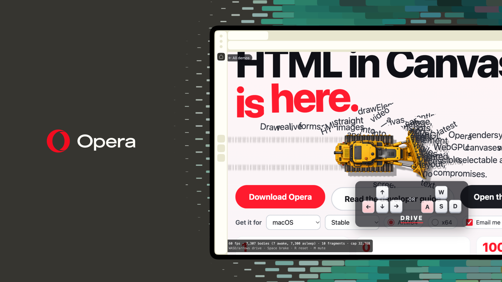 Демонстрация на HTML-in-Canvas в Opera, в която булдозер бута елементите на уеб страница