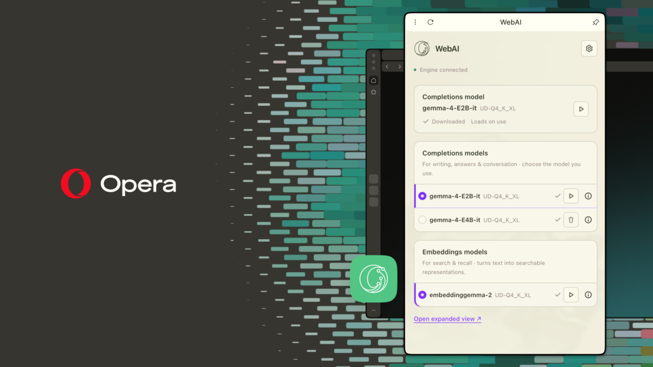 Панелът WebAI в Opera с локалните модели Gemma за текст и търсене – локален AI в браузъра