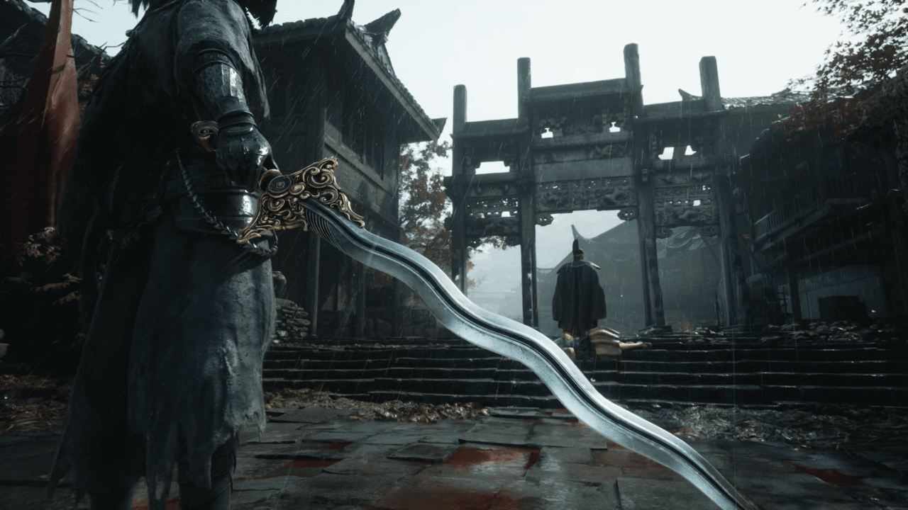 Сол, главният герой в Phantom Blade Zero, с извадено острие в разрушен двор