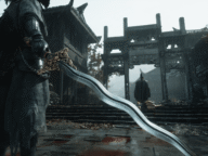 Сол, главният герой в Phantom Blade Zero, с извадено острие в разрушен двор