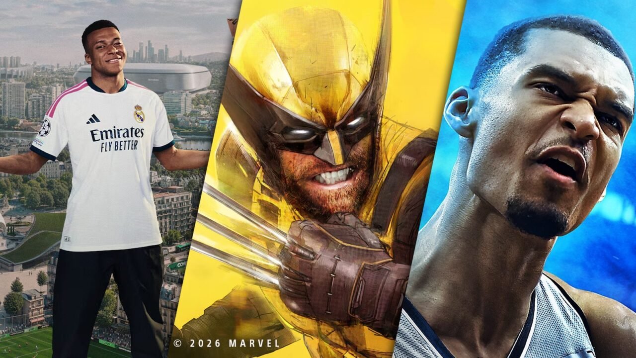 Рекламни изображения на EA Sports FC 27, Marvel’s Wolverine и NBA 2K27 едно до друго