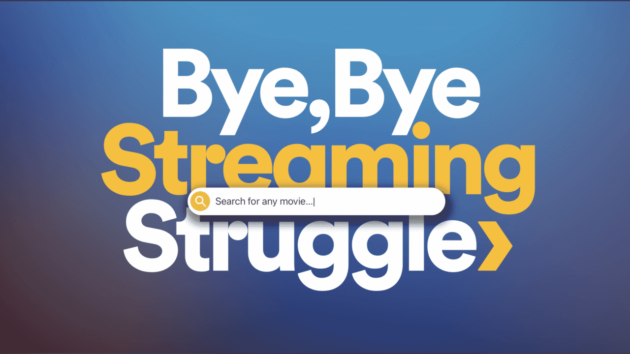 Рекламна графика на Plex с надпис „Bye, Bye Streaming Struggle“ и поле за търсене