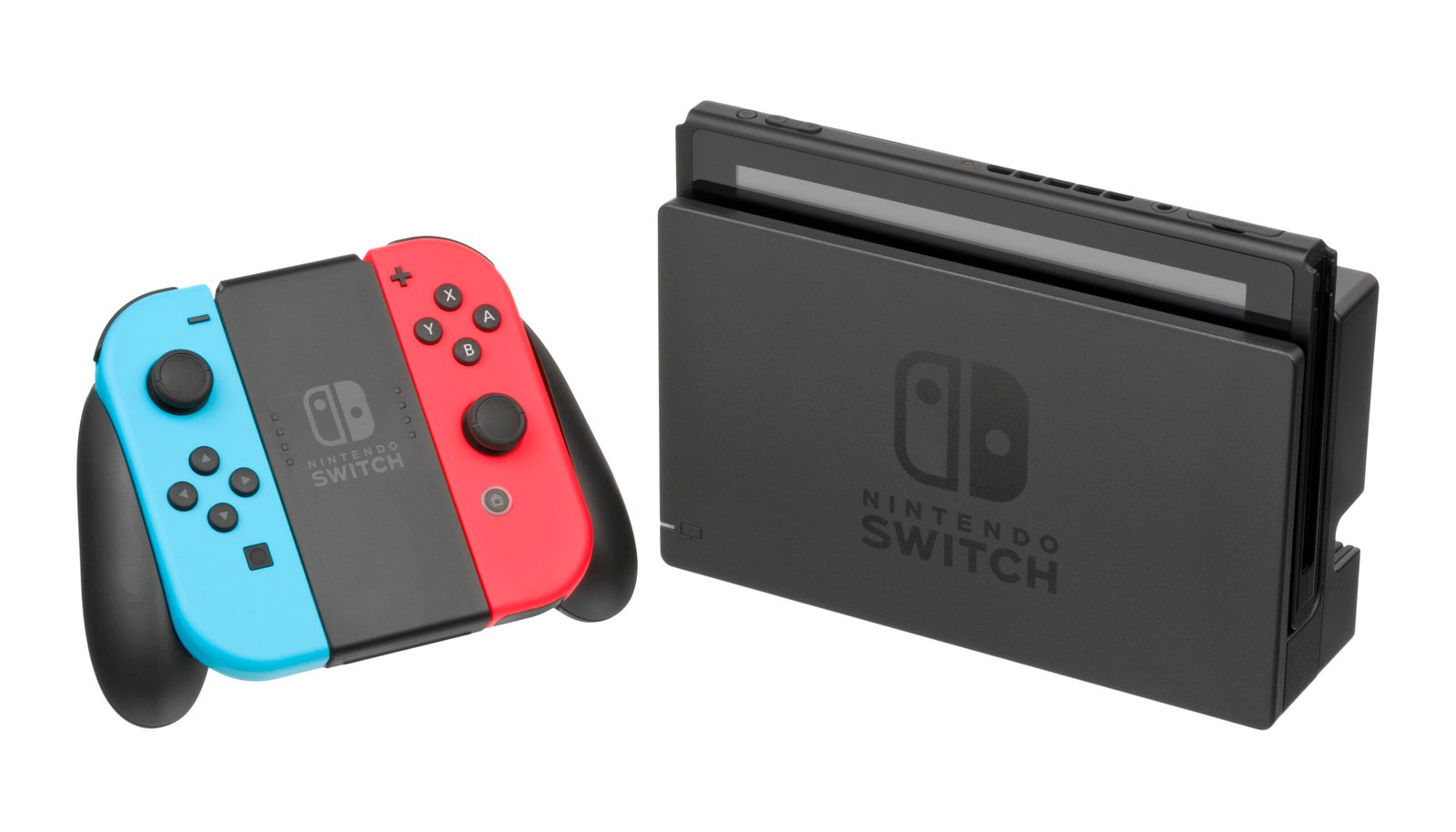 Конзолата Nintendo Switch в докинг станция с контролерите Joy-Con