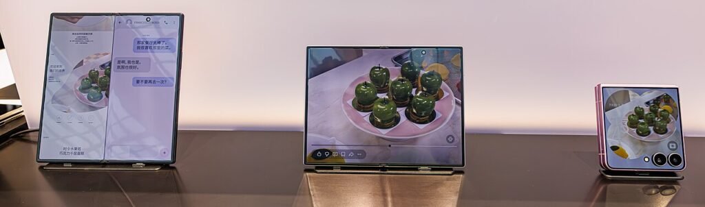 Сгъваемите смартфони Samsung Galaxy Z Fold 8 Ultra, Galaxy Z Fold 8 и Galaxy Z Flip 8, изложени един до друг